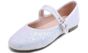 Feversole Women's Soft Cushion Extra Padded Comfort Round Toe Mary Jane Metal Buckle Fashion Ballet Flats Walking Shoes White Glitter