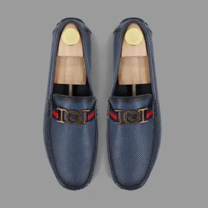 Two Tone FHS Golden Buckled Moccasins-Navy